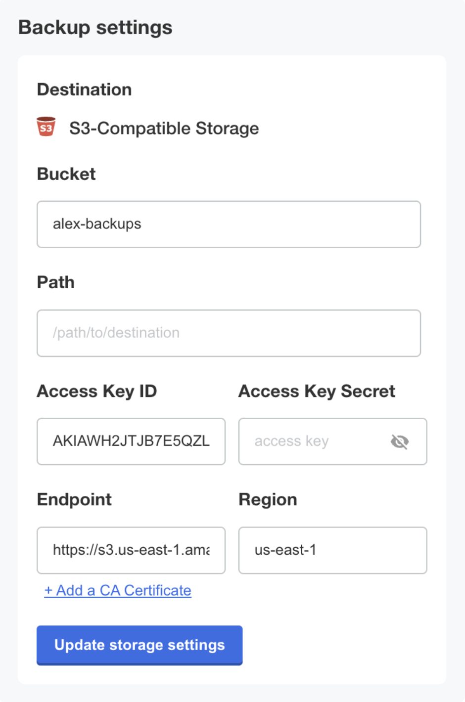 backup storage settings