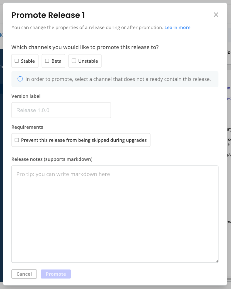 Promote release dialog